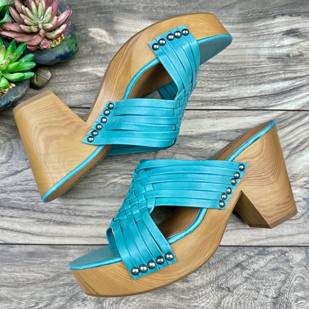 NIB Lucky Brand Tellimi 8.5M Platform Wedge Woven Leather Studded Sandals Blue - Picture 5 of 10